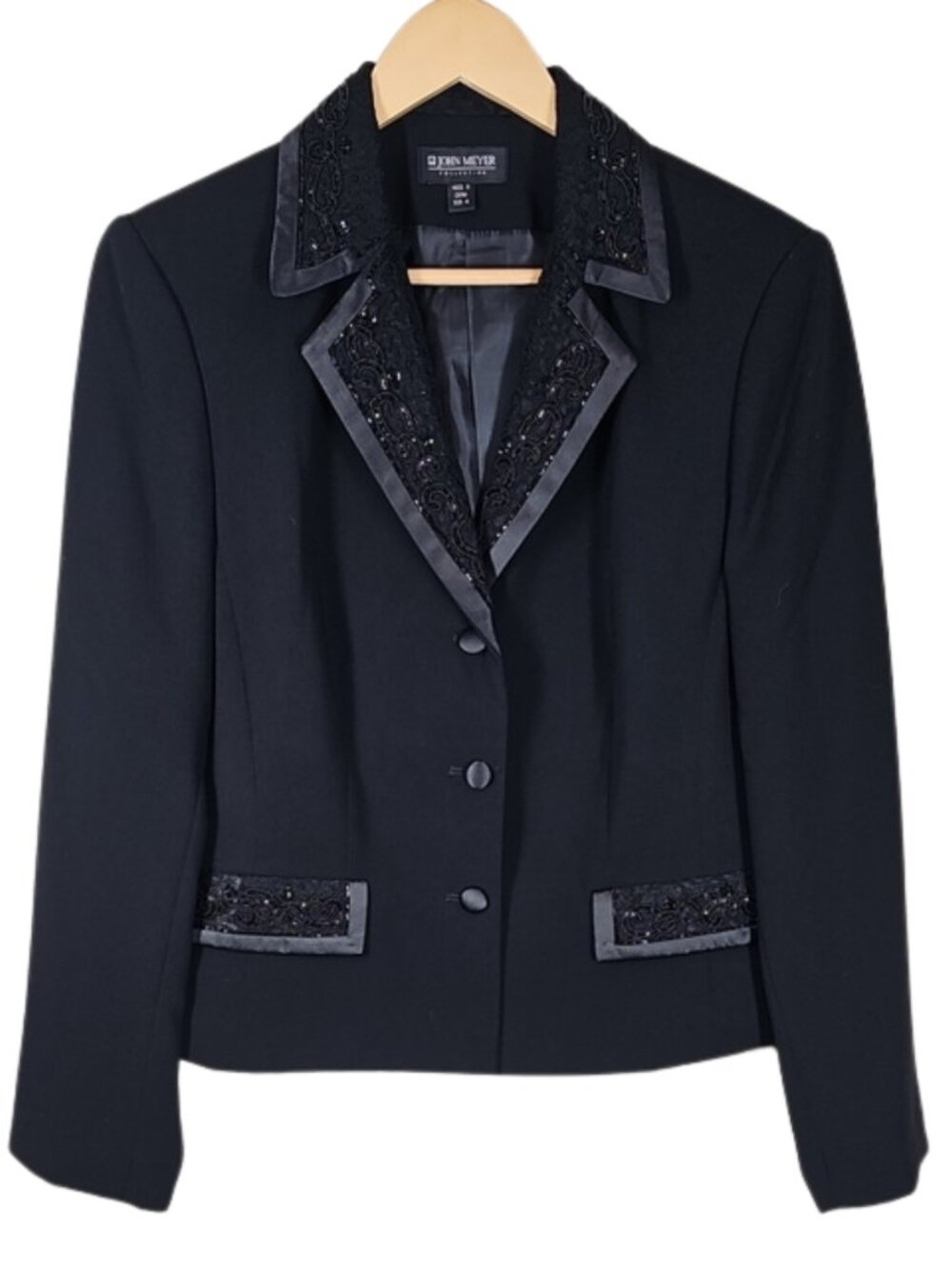 John Meyer Black Beaded Collar Cropped Blazer Sz 14 Formal Evening Jacket Office
